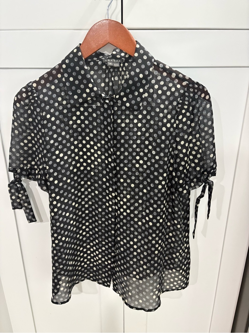 Theory Vintage Black Sheer Polka Dot Tie-Sleeve Blouse